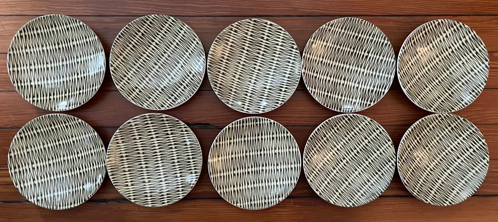 Mid-Century Modern French Pottery Basketweave Faux Wicker Side Plates or Small Low Bowls Molin Charo - 3