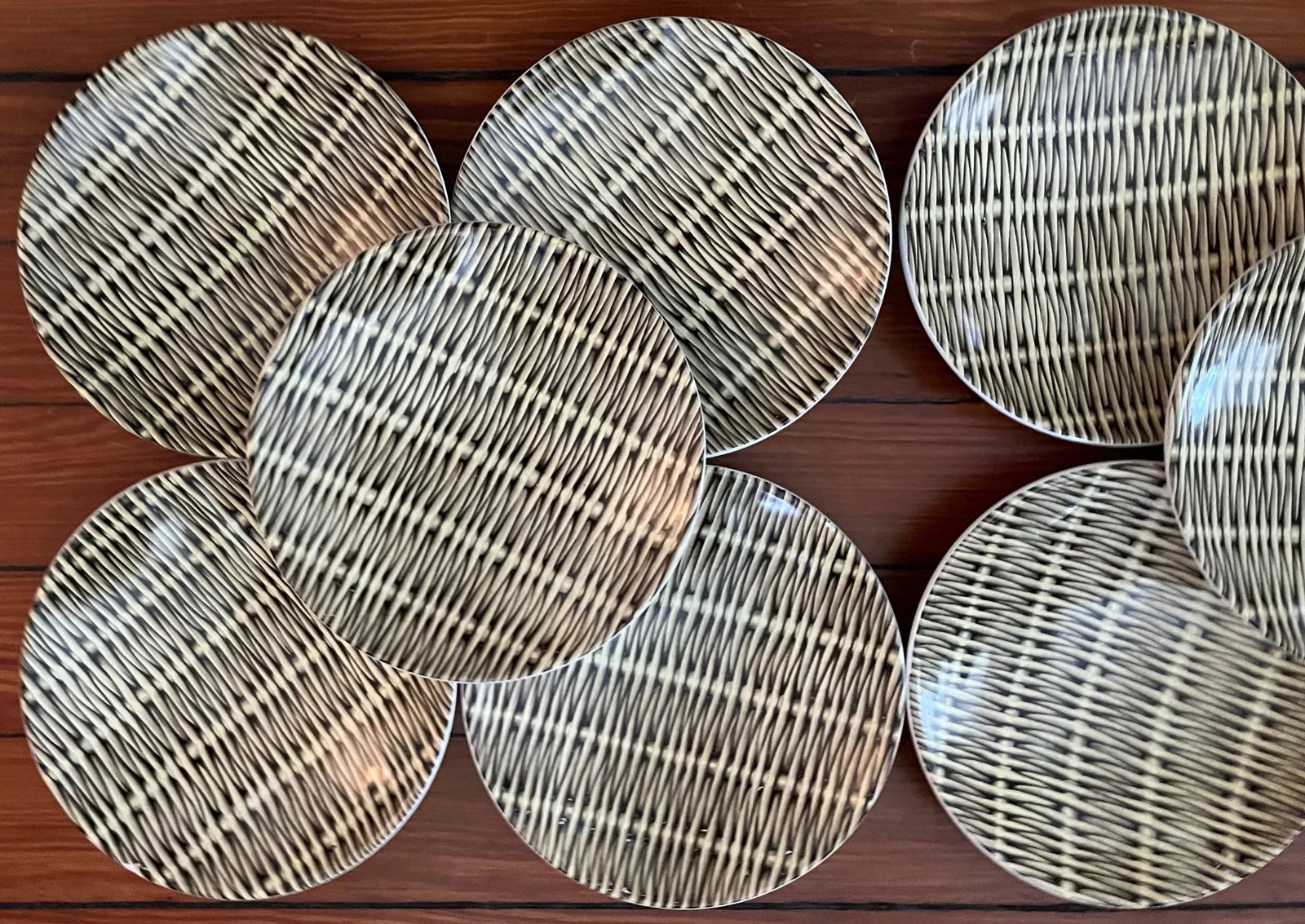 Mid-Century Modern French Pottery Basketweave Faux Wicker Side Plates or Small Low Bowls Molin Charo - 5