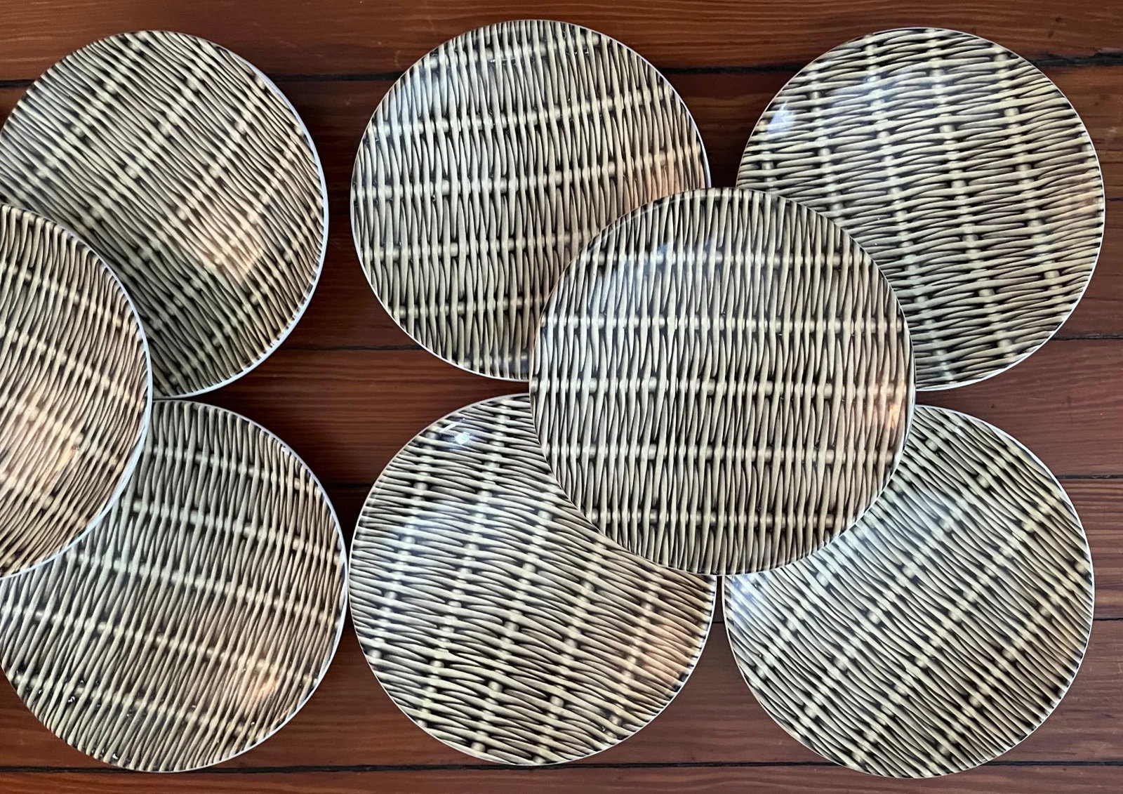 Mid-Century Modern French Pottery Basketweave Faux Wicker Side Plates or Small Low Bowls Molin Charo - 6