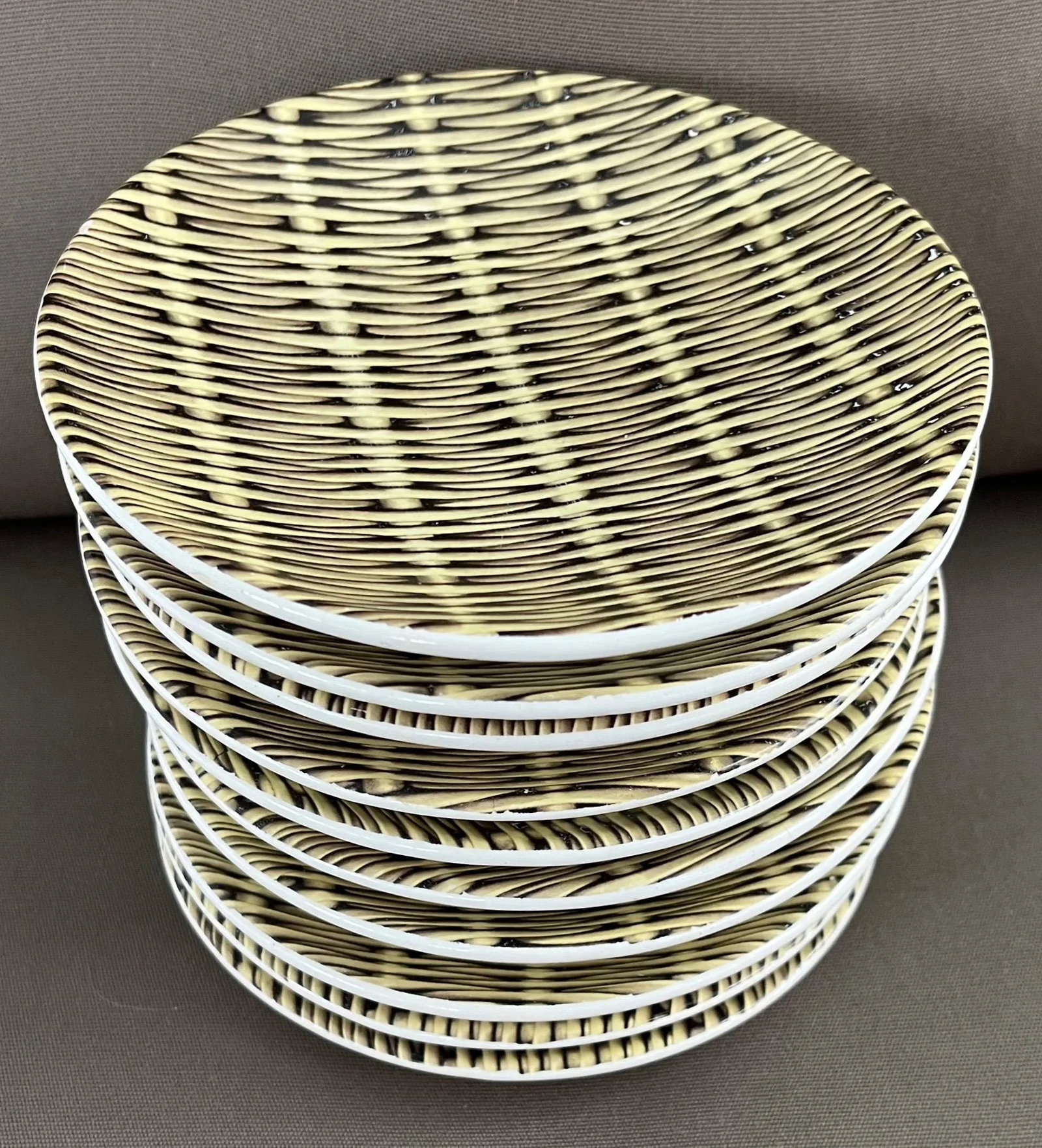Mid-Century Modern French Pottery Basketweave Faux Wicker Side Plates or Small Low Bowls Molin Charo - 8