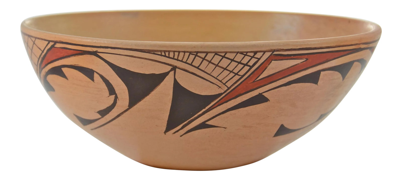 Hopi Style Hand-Coiled Golden Burnished Bowl: Southwest vintage Hopi style hand-coiled bowl with hand-painted traditional symbolic design elements in iron red and black on the golden polished clay body. Wonderfull in a country farmhouse or wester