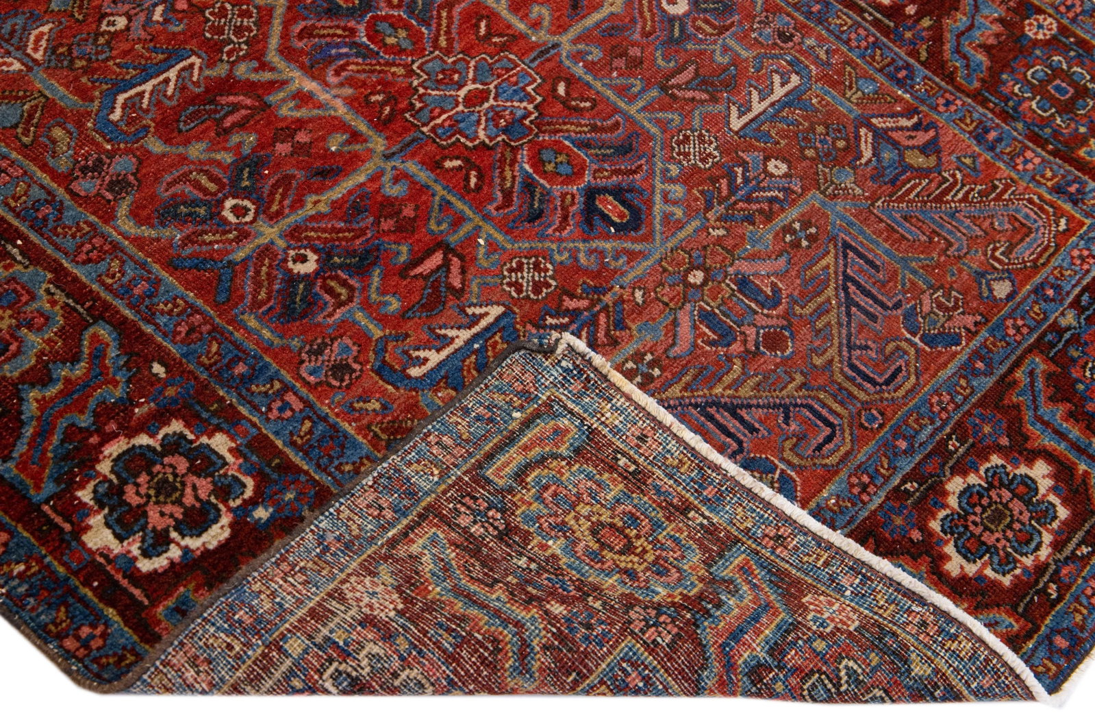 1960s Square Vintage Persian Heriz Handmade Red Medallion Wool Rug - 2