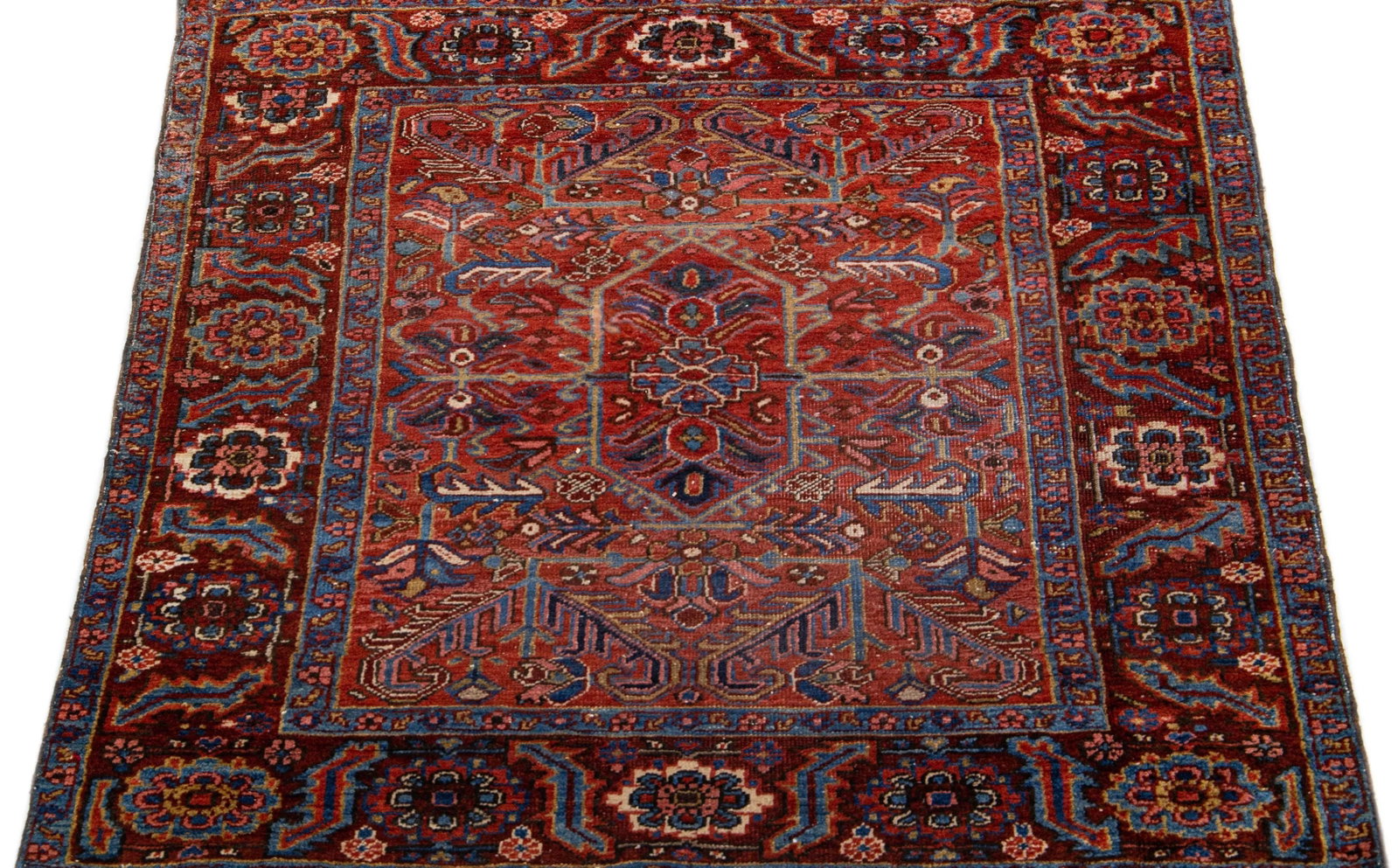 1960s Square Vintage Persian Heriz Handmade Red Medallion Wool Rug - 3