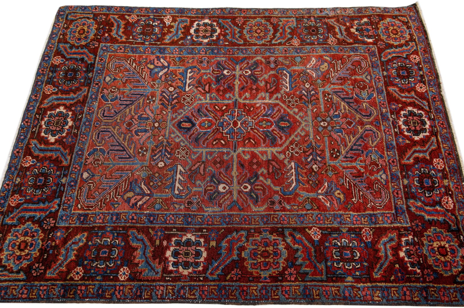 1960s Square Vintage Persian Heriz Handmade Red Medallion Wool Rug - 5