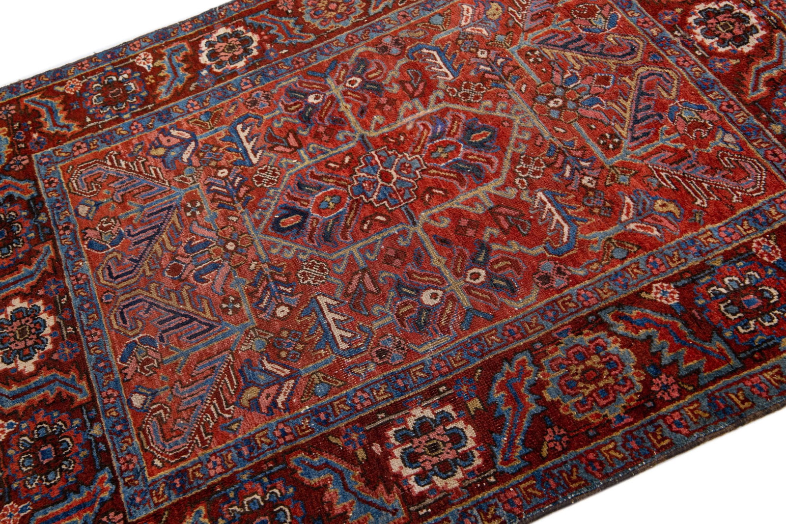1960s Square Vintage Persian Heriz Handmade Red Medallion Wool Rug - 6