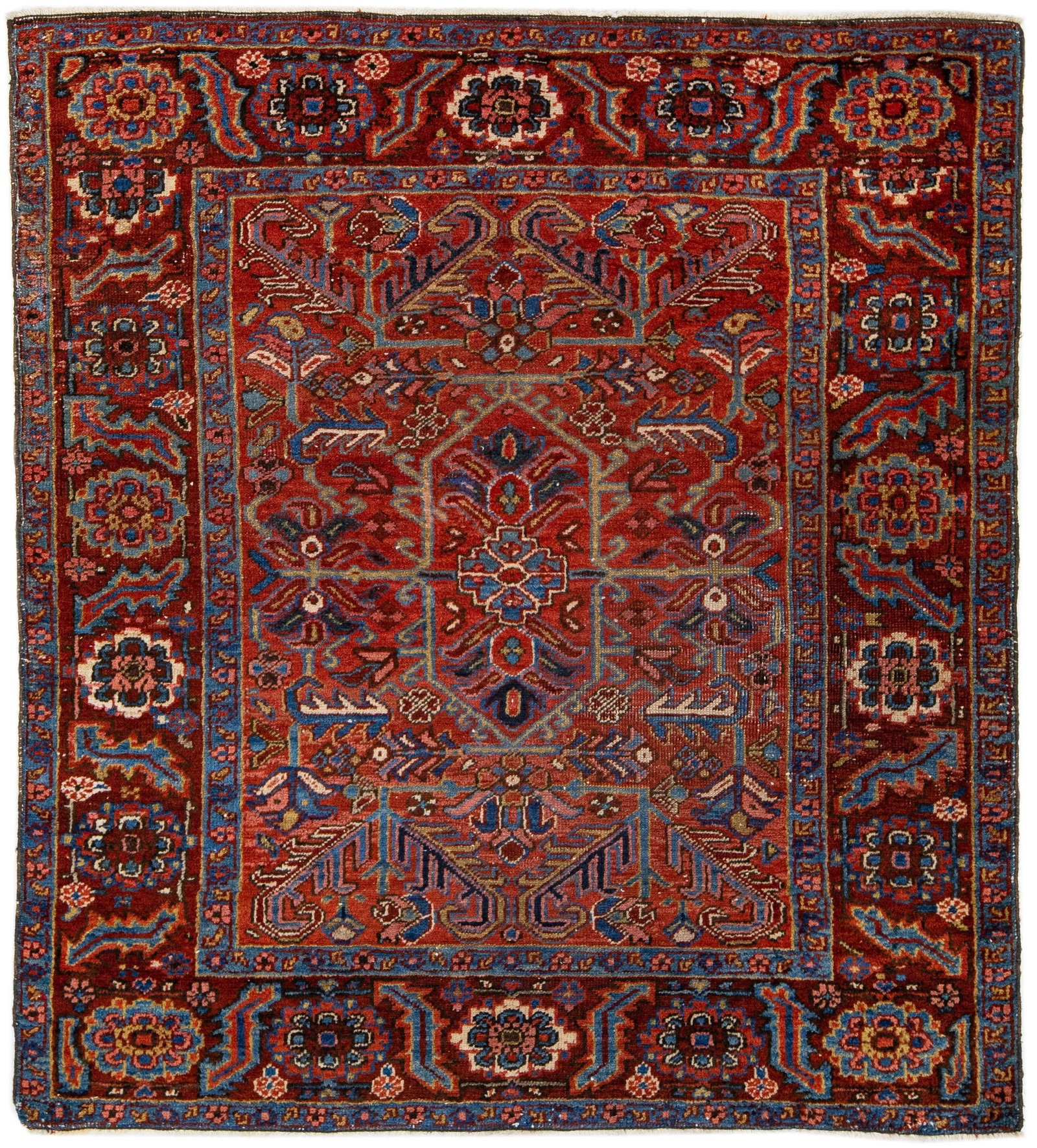 1960s Square Vintage Persian Heriz Handmade Red Medallion Wool Rug - 7