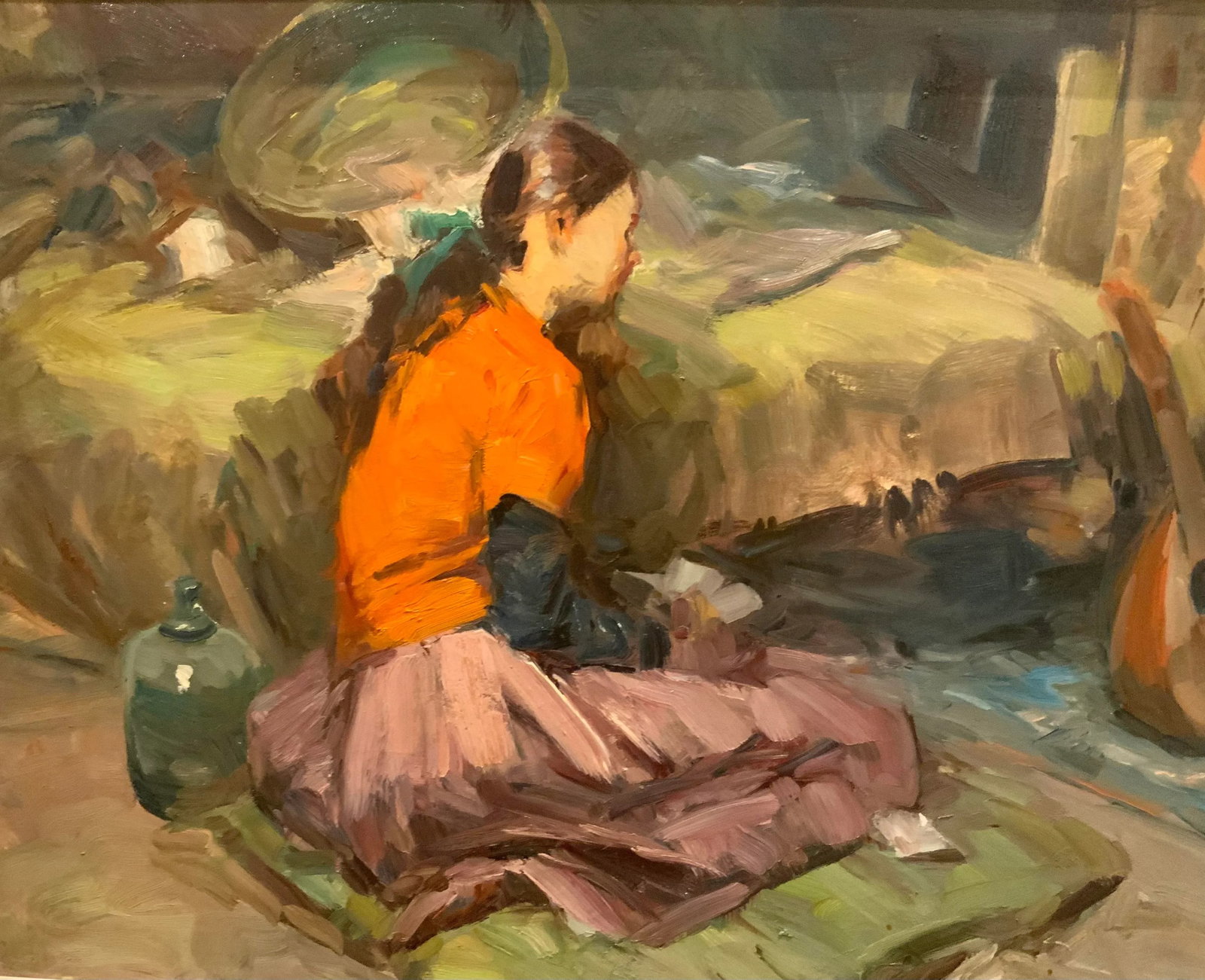 Vintage Female Figure in Though Signed Oil on Canvas Painting - 2