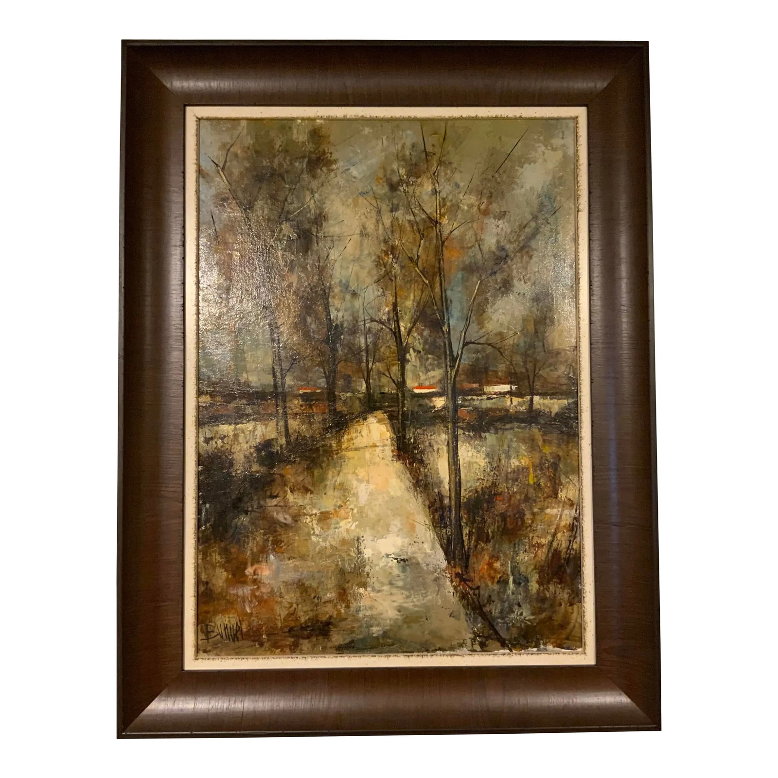 Mid-Century Modern Signed Impressionistic Vertical Landscape Oil Painting: Rustic Mid-Century Modern Impressionistic Landscape Oil Painting, canvas, custom double frame, white off-white liner and dark brown scoop cap, circa 1960's Condition: Alterations: Original Condition