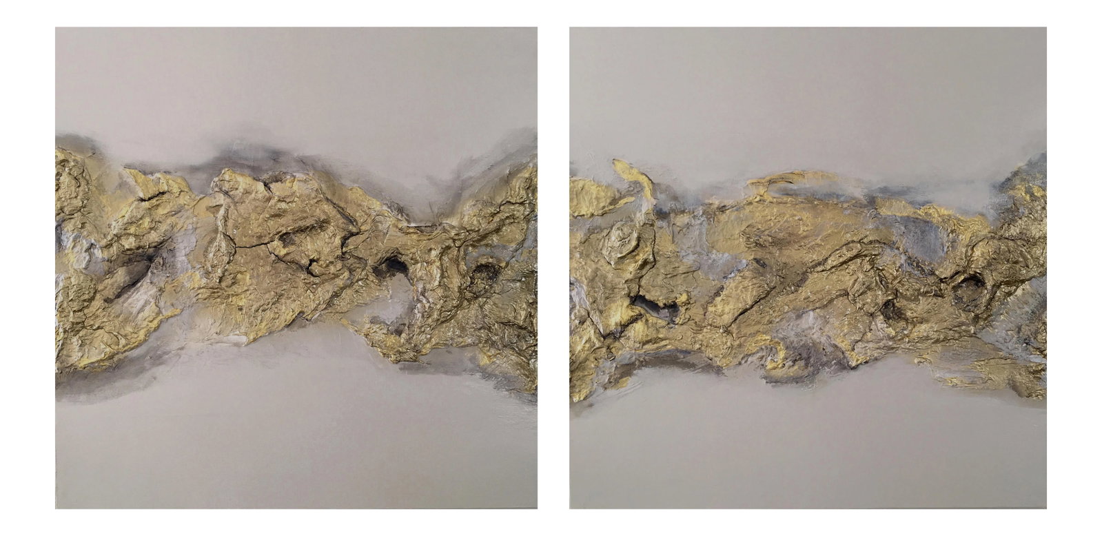 "EarthScape" Original Abstract Wall Sculptures Marble Brass Gold - a Pair: Series Poetic Statement: EarthScape - To The Organic State of Being. 24" x 48" (Set of 2 - 24" x 24") Eco-Friendly Heavy Textured Marble Wall Sculptures of Water-Based Oil, Metallic Brass Gold, and