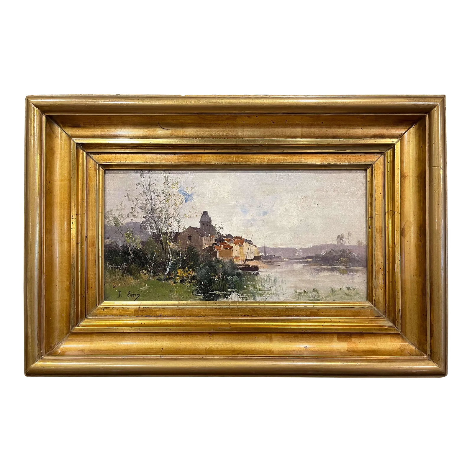 19th Century Framed Landscape Oil Painting Signed J. Lievin for E. Galien-Laloue: Decorate a study, living room or den with this beautiful and colorful antique landscape painting! Painted in France circa 1890, the artwork painted on canvas is set in a carved gilt wood frame and ill