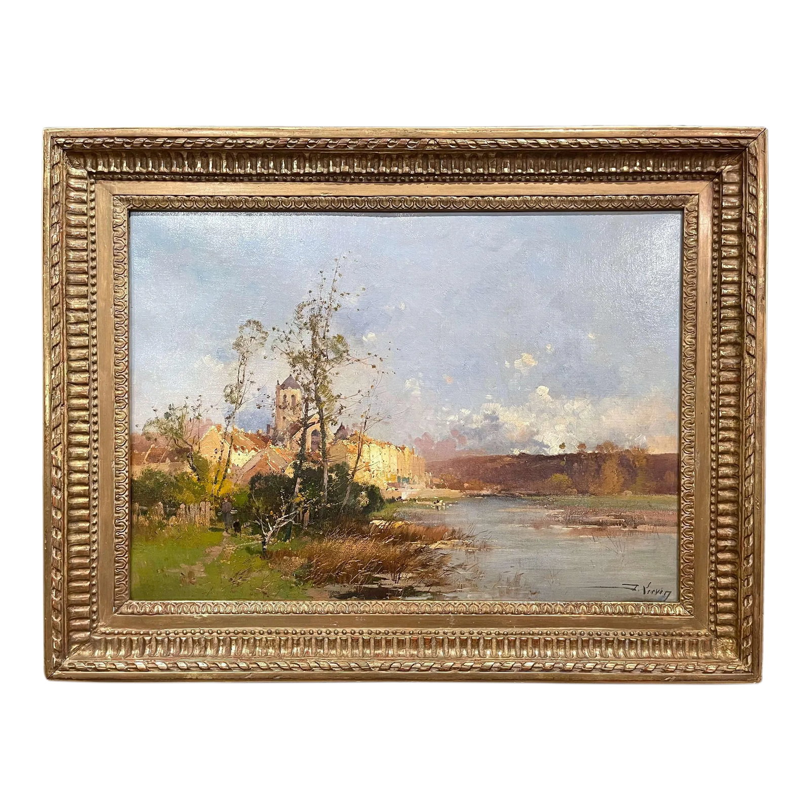 19th Century Framed Landscape Oil Painting Signed Lievin for E. Galien-Laloue: Decorate a study, living room or den with this beautiful and colorful antique painting! Painted in France circa 1890, the artwork painted on canvas is set in a carved gilt wood frame and illustrates