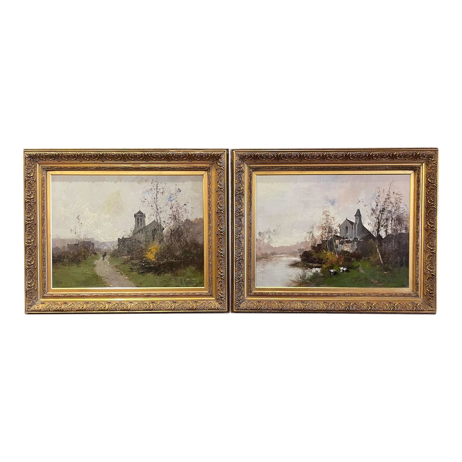 Pair 19th Century Framed Oil Painting Signed E. Kermanguy for E. Galien-Laloue: Decorate a study, living room or den with this beautiful pair of antique paintings! Painted in France circa 1890, each artwork on canvas is set in a carved gilt wood frame, and illustrates a