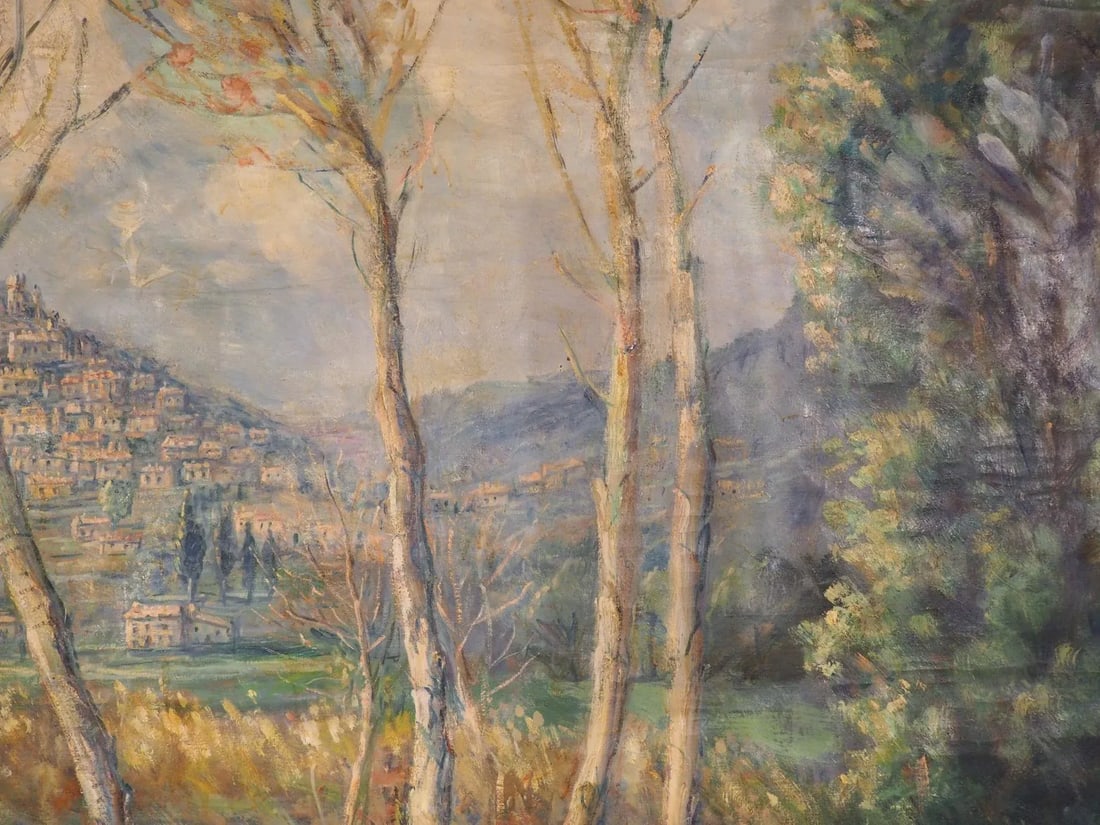 Large French Landscape Painting of a Hunter and Hillside Village, Signed and Dated 1962 - 10