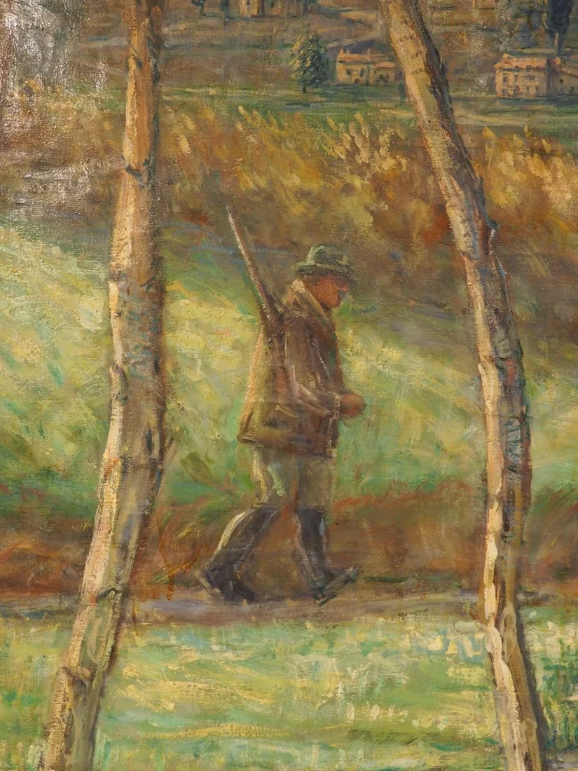 Large French Landscape Painting of a Hunter and Hillside Village, Signed and Dated 1962 - 12