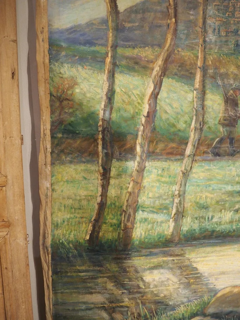 Large French Landscape Painting of a Hunter and Hillside Village, Signed and Dated 1962 - 4