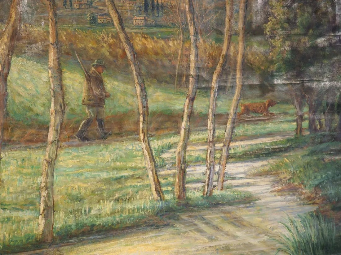 Large French Landscape Painting of a Hunter and Hillside Village, Signed and Dated 1962 - 7