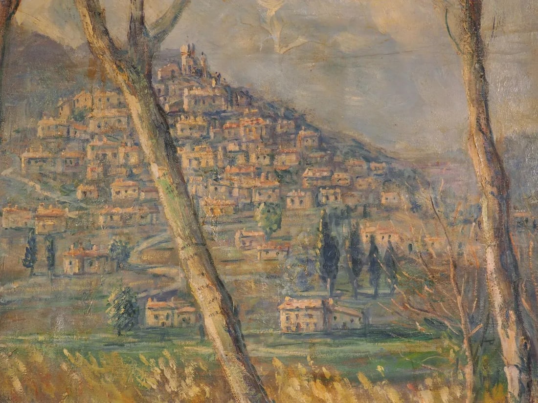 Large French Landscape Painting of a Hunter and Hillside Village, Signed and Dated 1962 - 8