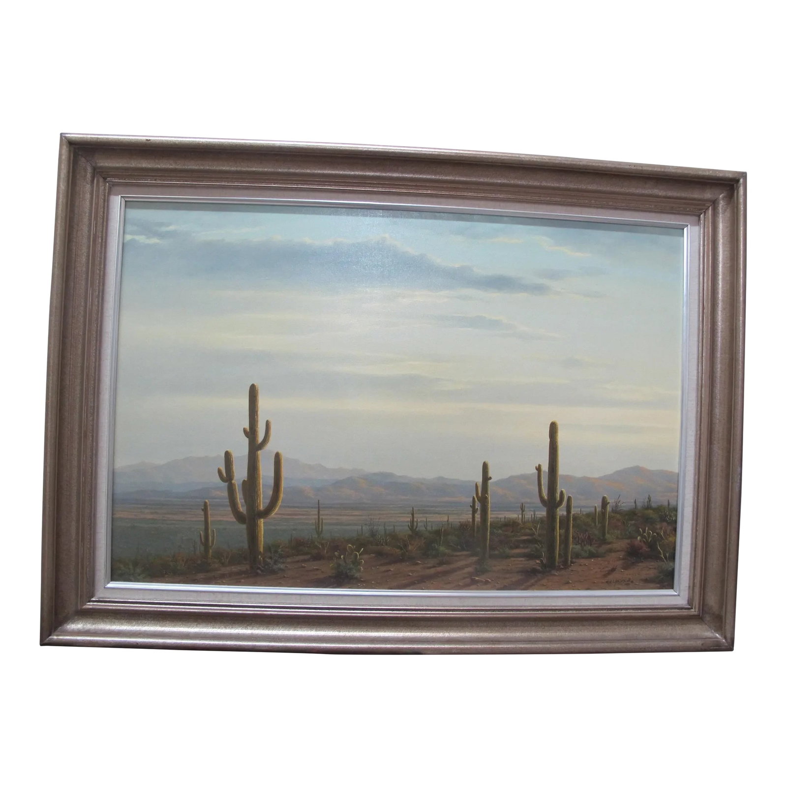 Rob Macintosh Desert Tucson Sunset Landscape Signed Oil Painting: Beautiful framed original oil painting by artist, Rob Macintosh. Untitled, showing a Tucson desert sunset. Wood frame measures 43" x 31", painting measures 35.5 x 23.5". Signed and dated 1988 at