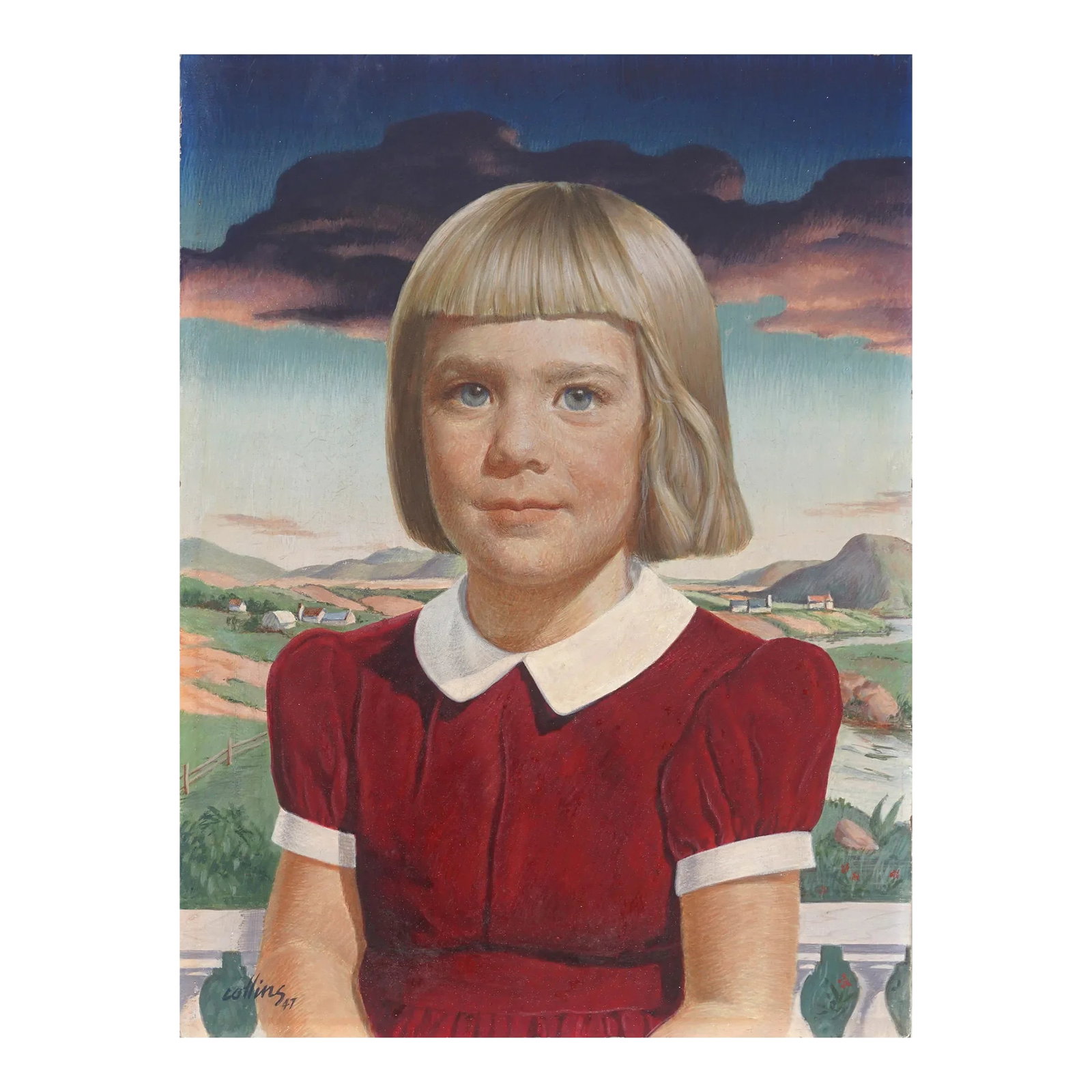 Mid Century Young Blonde Girl Portrait Egg Tempera - Style of Thomas Hart Benton by Robert Collins: Gorgeous pointillist egg tempera portrait of young blonde girl by Robert Joseph Collins (American, 1922-2011), 1947. Signed "Collins" and dated "'47." Unframed. Image, 15.75"L x 11.75"W. This