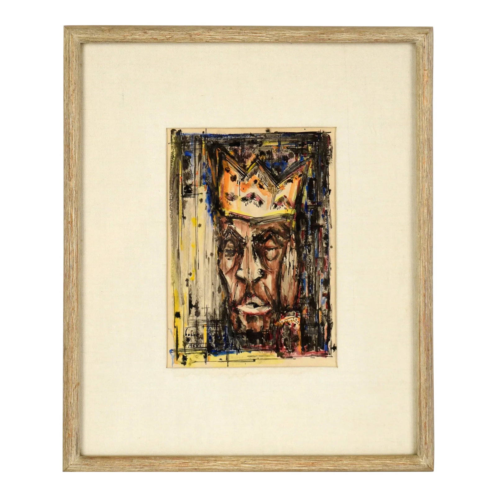 "King of the Blues" - b.b. King Portrait in Watercolor and Ink on Paper by John Martin Socha: Vibrant portrait entitled "King of the Blues" by John Martin Socha (American, 1913-1983). Bold and angular, this piece depicts an African-American man wearing a crown. Given the date of the piece (195
