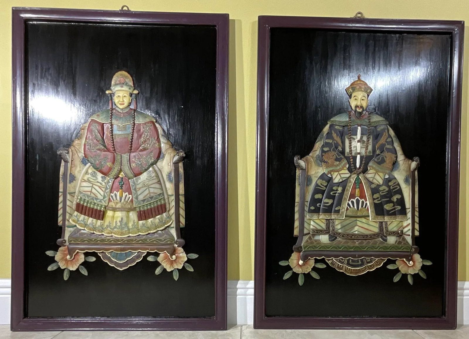 Pair of Large Chinese Carved Hardstone Emperor & Empress Portraits - 2