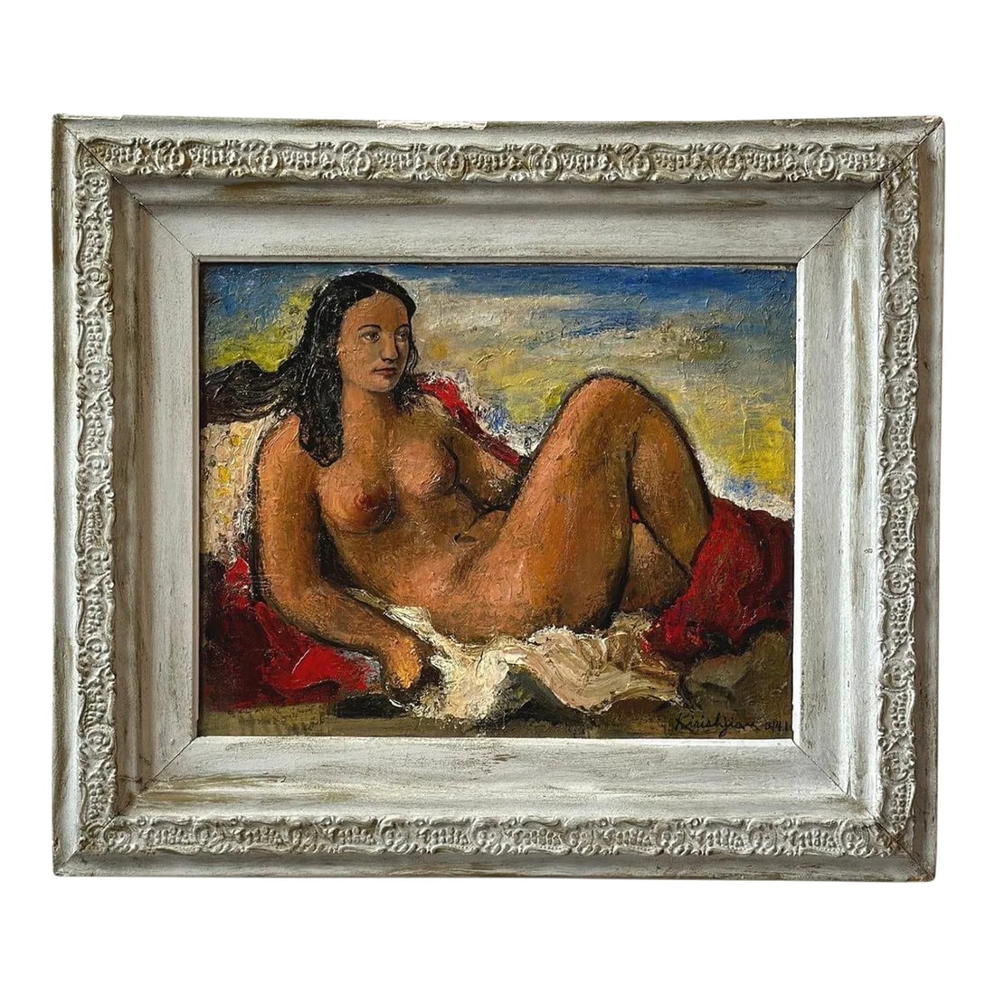 Vintage Oil on Board Framed Portrait of a Reclining Nude by Vahe Kirishjian, Circa 1941: Vintage Oil on Board Framed Portrait of a Reclining Nude by Vahe Kirishjian, Circa 1941. This captivating nude portrait is softly rendered with the central figure reclining in three-quarter profile.