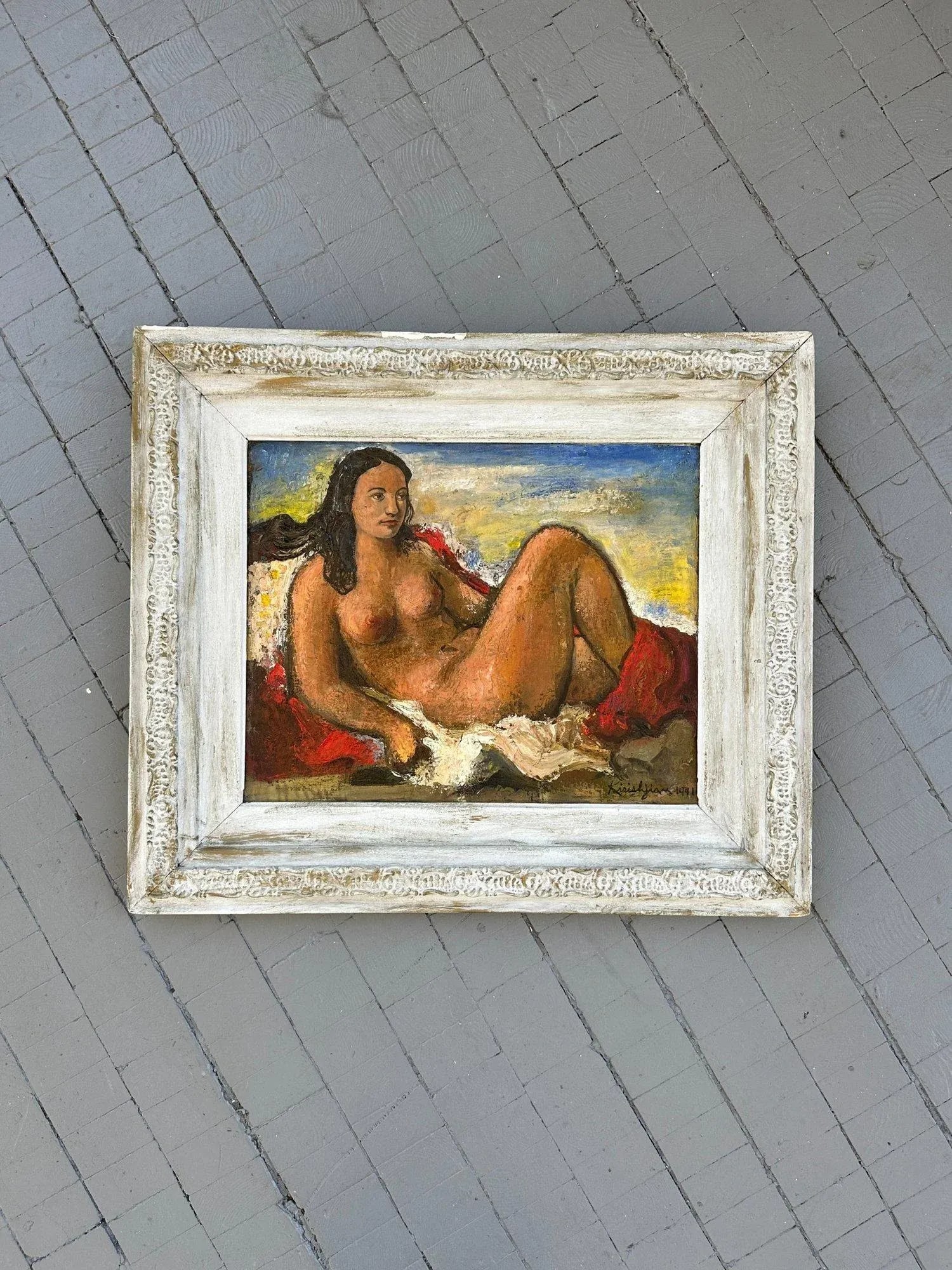 Vintage Oil on Board Framed Portrait of a Reclining Nude by Vahe Kirishjian, Circa 1941 - 3