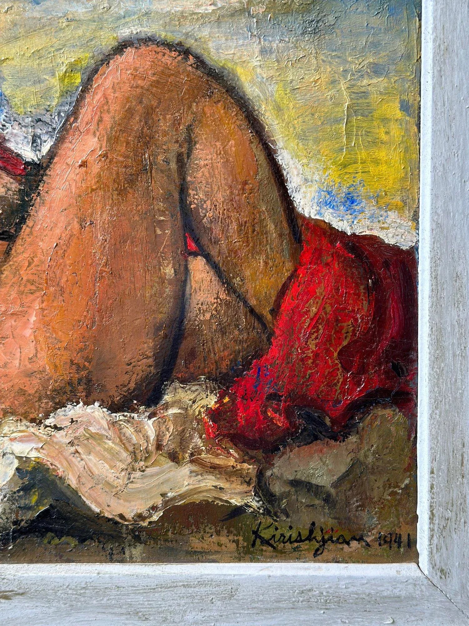 Vintage Oil on Board Framed Portrait of a Reclining Nude by Vahe Kirishjian, Circa 1941 - 7