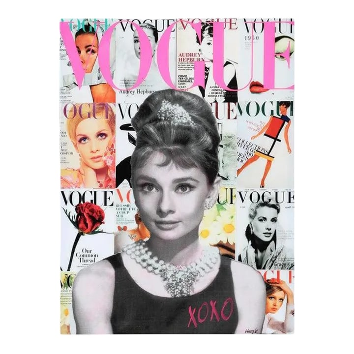 2022 "Art of Class" Colorful Pop Art Resin Collage Portrait of Audrey Hepburn by Jim Hudek: Portrait collage of cultural icon and actress Audrey Hepburn encased in resin. The background features a collection of pop cultural magazine prints as well as the iconic Vogue Magazine logo along the 