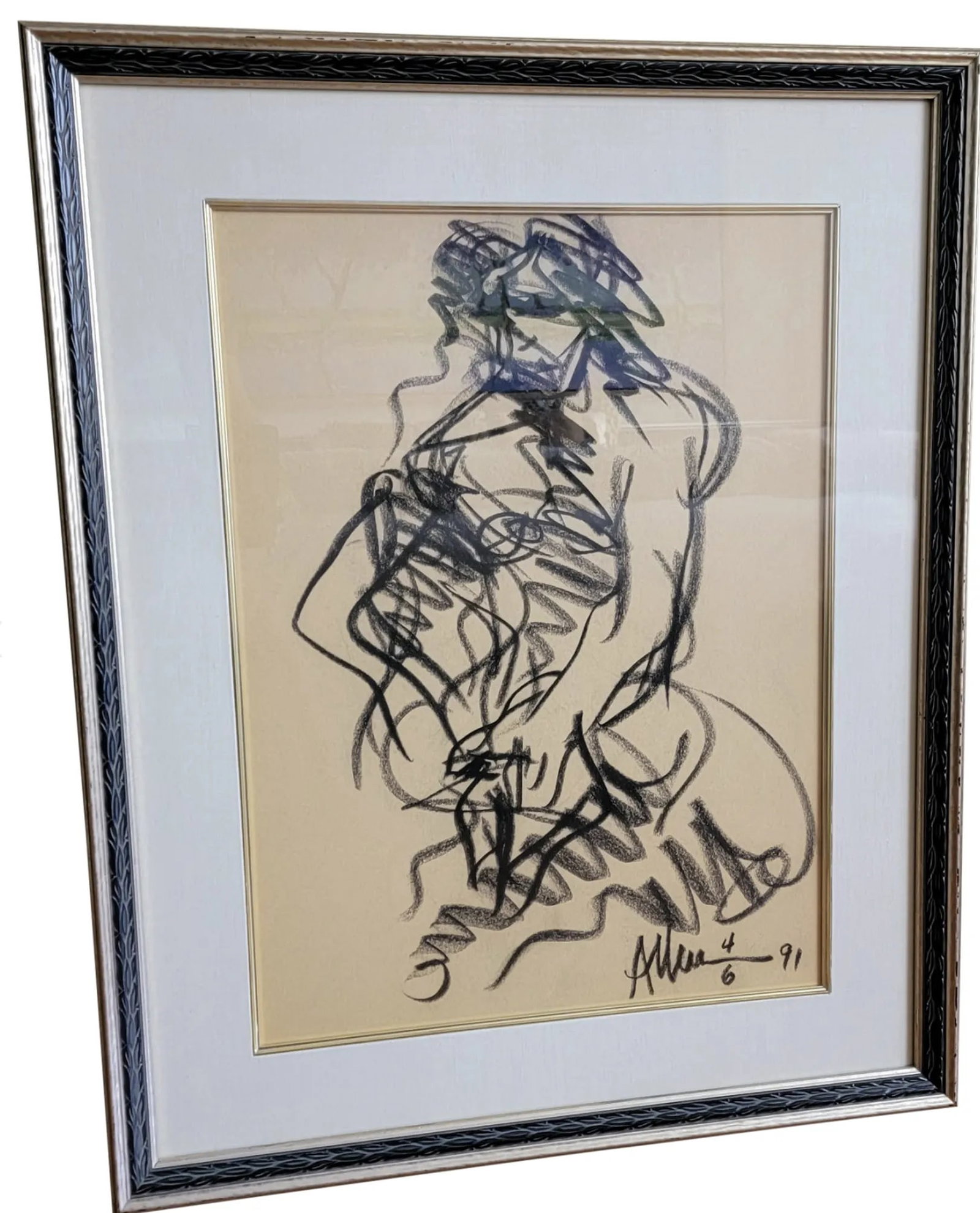 Vintage Allen Kay Framed Abstract Figurative Charcoal Drawing - 10