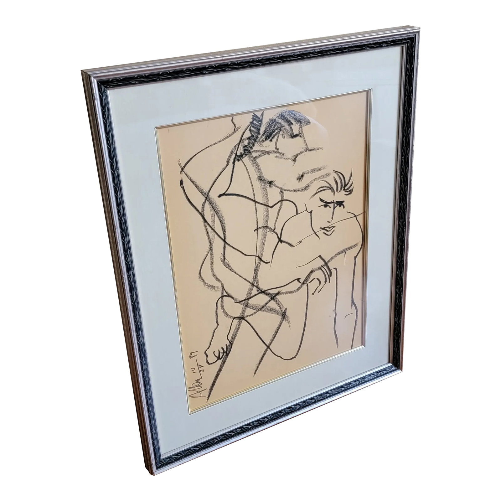 Vintage Allen Kay Framed Abstract Figurative Charcoal Drawing: Beautiful original charcoal drawing by American artist Allen Kay (1945-2022). Figure drawing in charcoal on paper in custom gilt pewter frame with black detail, luxurious ivory silk matte with gold