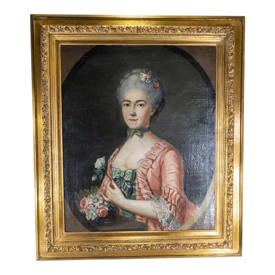18th Century French Portrait Painting of a Pretty Lady in Pink: We are selling this beautiful French Portrait painting of a very pretty lady. This lady is posed in pink dress and very well painted, could very well be an important artist but is unsigned, she is