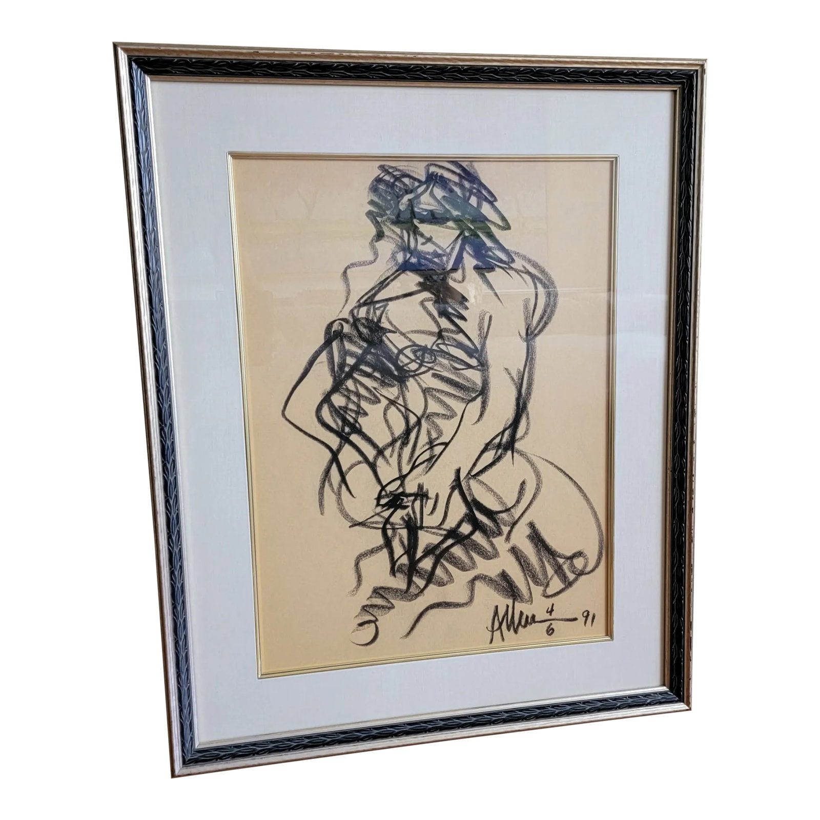 Vintage Allen Kay Framed Abstract Figurative Charcoal Drawing: Beautiful original charcoal drawing by American artist Allen Kay (1945-2022). Figure drawing in charcoal on paper in custom gilt pewter frame with black detail, luxurious ivory silk matte with gold