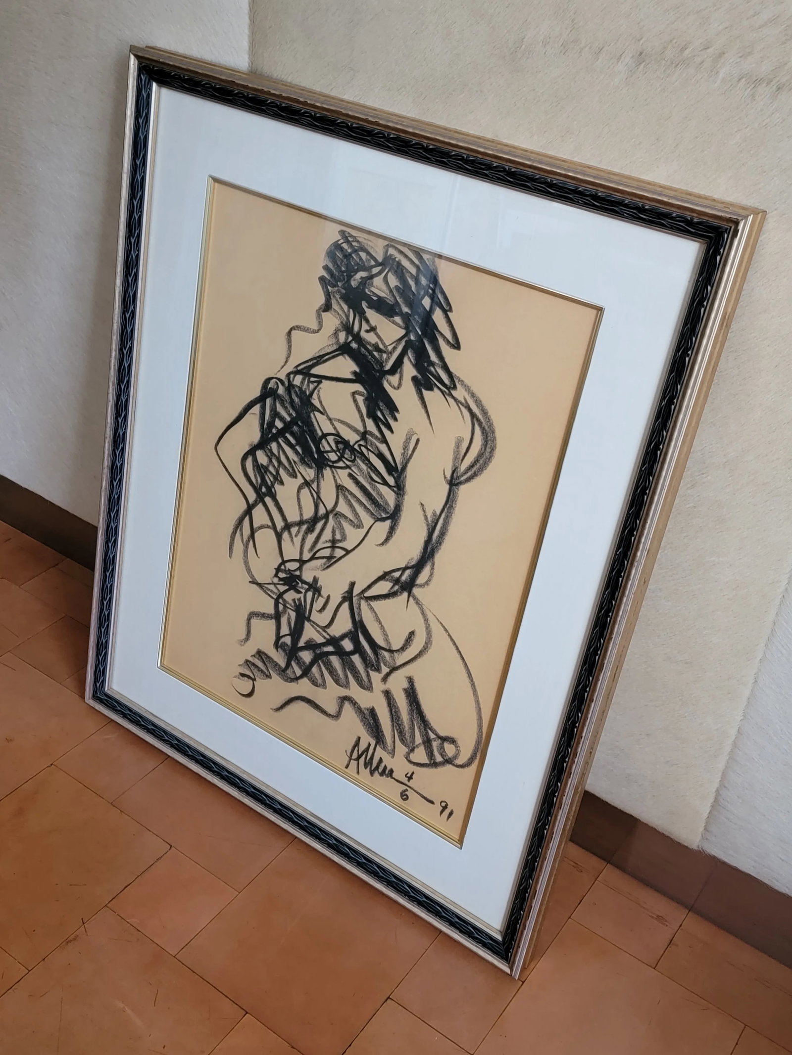 Vintage Allen Kay Framed Abstract Figurative Charcoal Drawing - 2