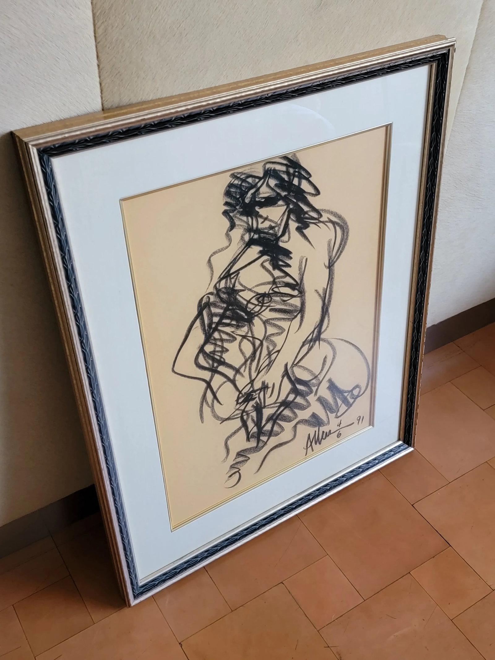 Vintage Allen Kay Framed Abstract Figurative Charcoal Drawing - 3