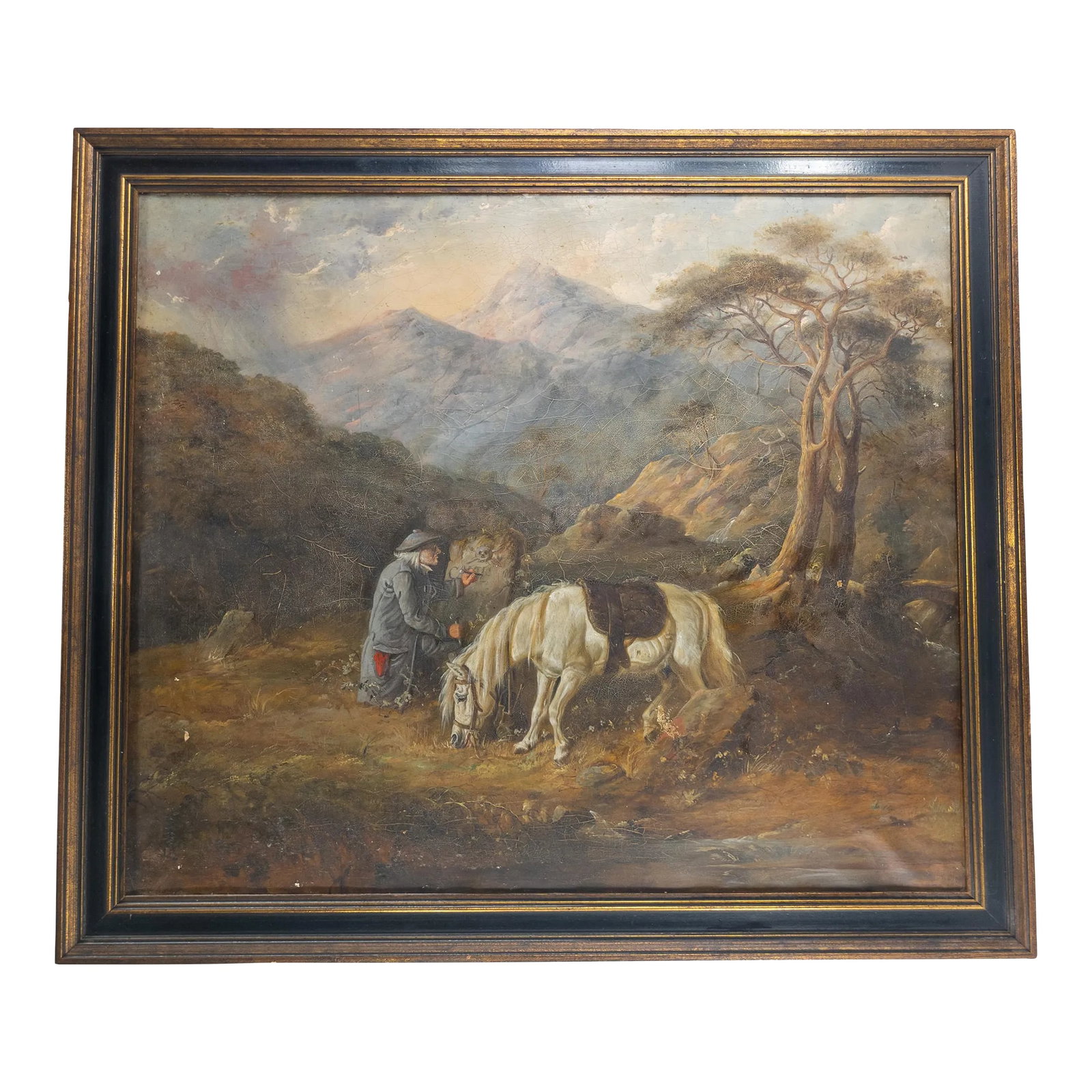 19th Century English or German Landscape Oil Painting With Man and His Horse: We are selling this very well painted landscape scene with a central depiction of a man and his horse. The man is chiseling a name in a gravestone hopefully not for his trusty steed, the artist has ve