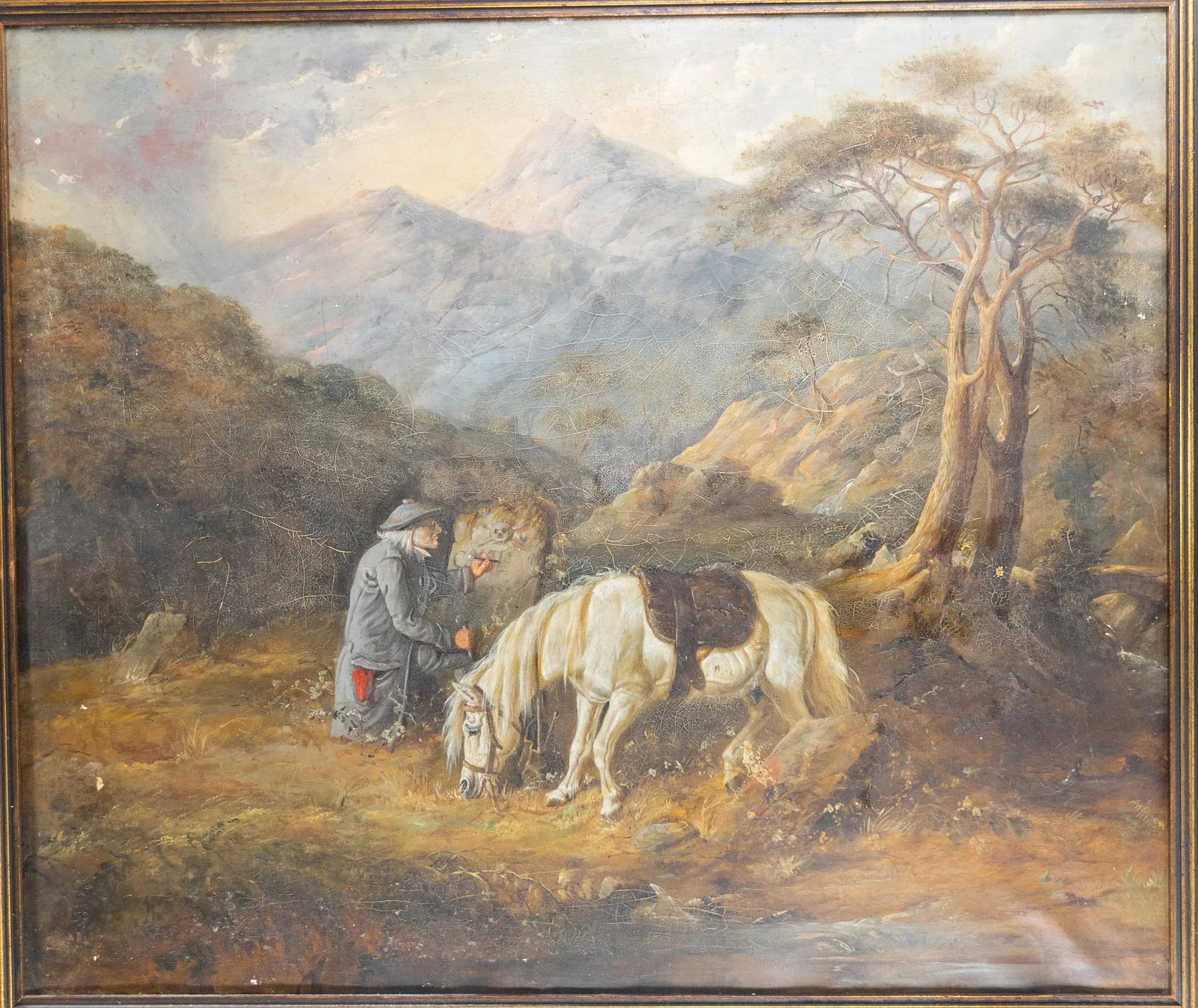 19th Century English or German Landscape Oil Painting With Man and His Horse - 2