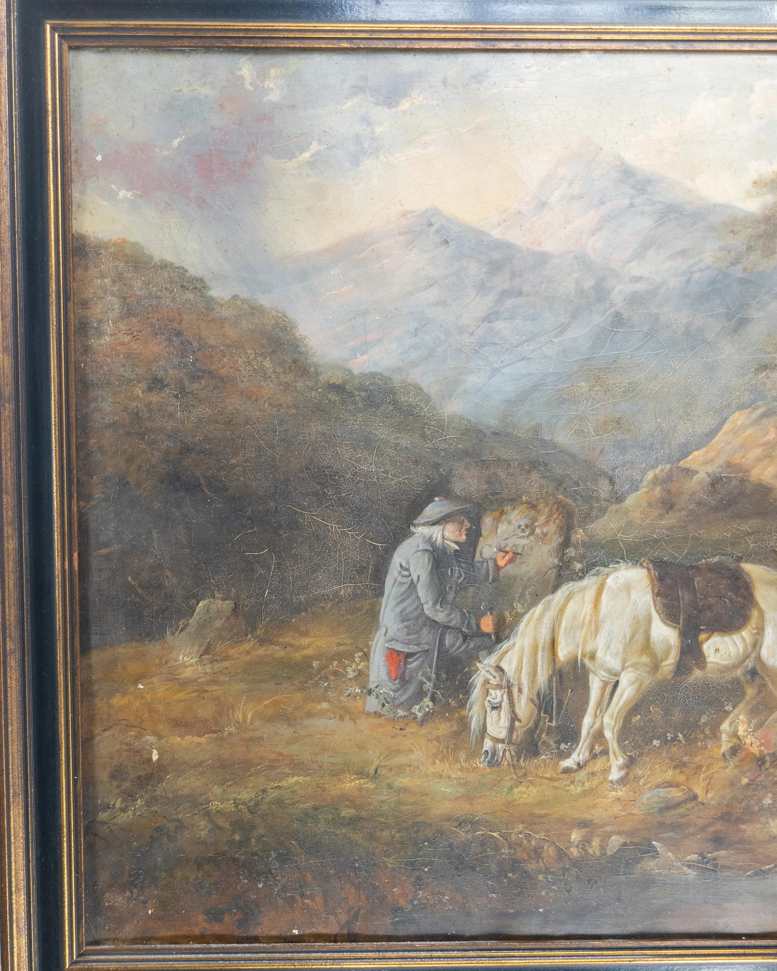 19th Century English or German Landscape Oil Painting With Man and His Horse - 3