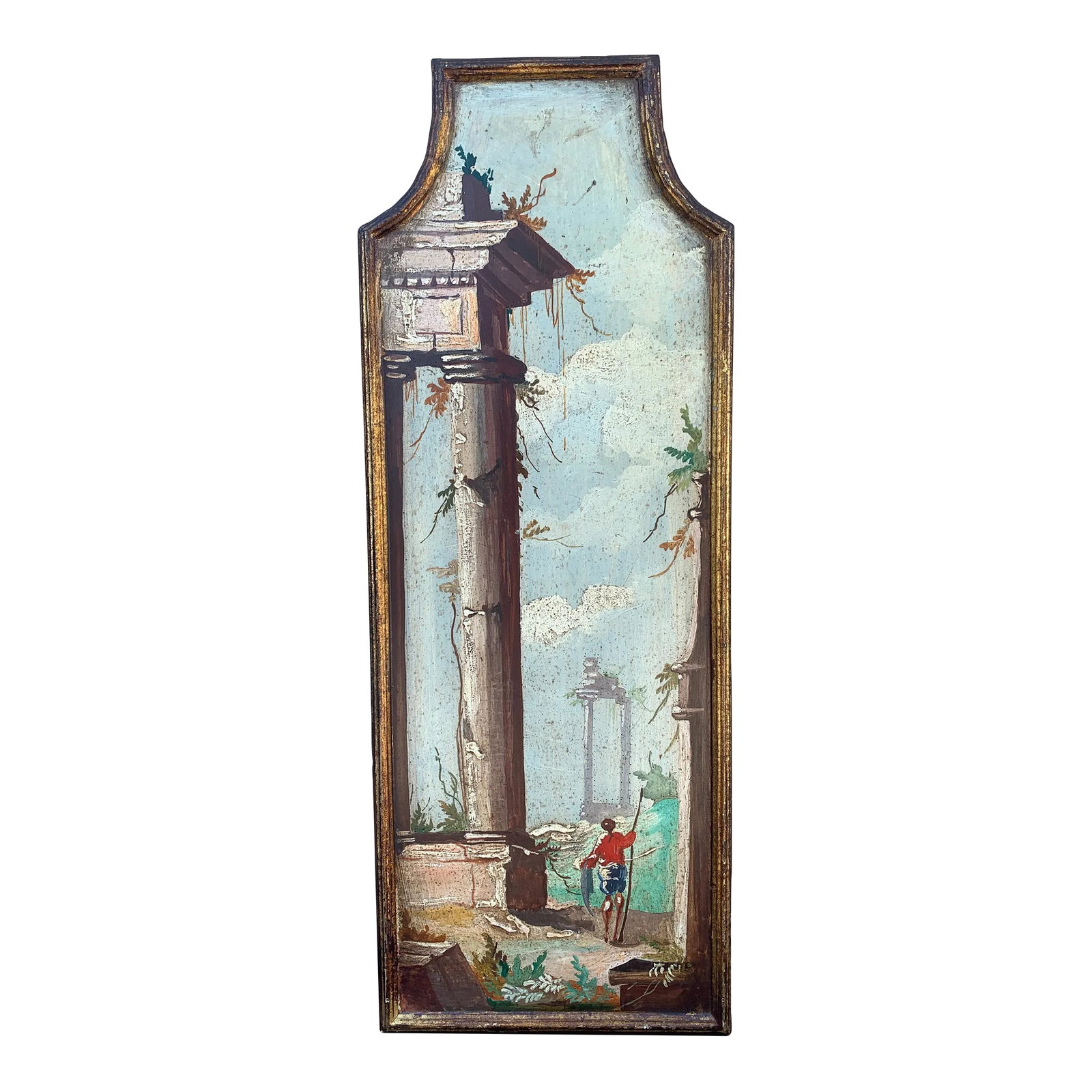 Italian Capriccio Landscape Painting in Shaped Gilt Frame: A distinctive Italian capriccio landscape, painted in oil on a shaped panel and presented in a softly worn giltwood frame. The composition draws from the Grand Tour tradition-romanticized ruins, fragm