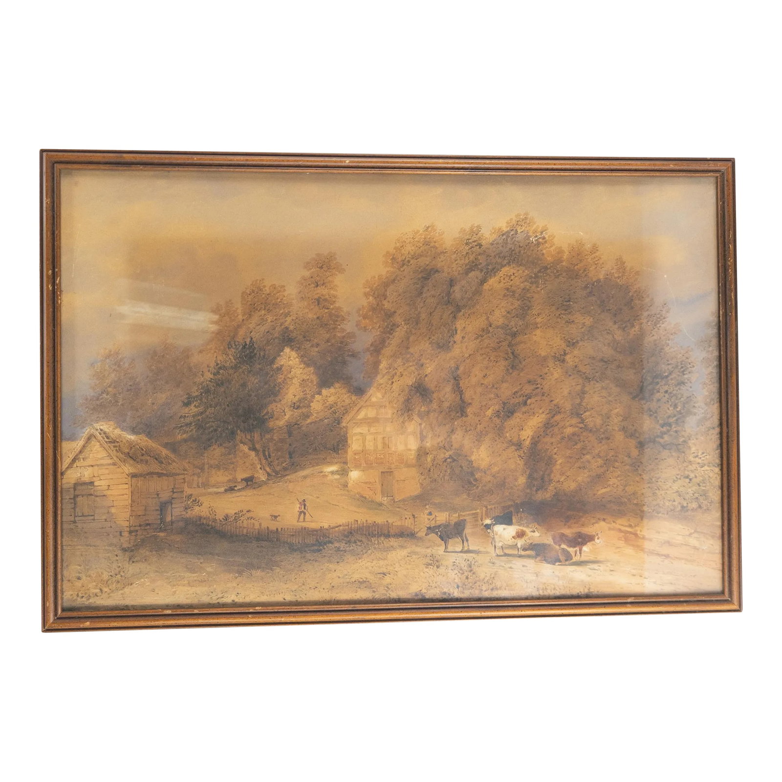 19th Century English Watercolor Landscape Painting With Cows: We are selling this very fine quality English 19th century watercolor painting. This simple landscape painting has a group of cows sitting outside the gate of a small farmstead nestled among some