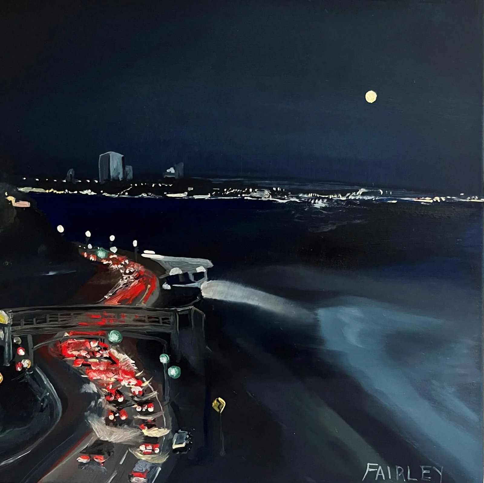 PCH at Porto Marina Nocturne; Full Moon, Original Painting by Jessica Fairley: Journey through the most famous coastal drive in Los Angeles, the Pacific Coast Highway, at night and during a full moon. At 6x6 inches, this small gem of a painting takes you on a journey down one of