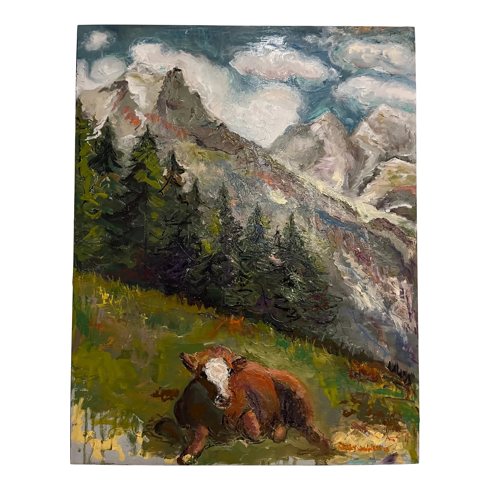 Cow in the Swiss Alps, Oil Paintings, by Van Ness: Cow in the Swiss Alps, Oil Painting by Nancy Van Ness Great gift, ready to hang, gallery art edges. A cow lounges on a mountain with the alps behind her. As seen in galleries in CA, FL, MO & KS.