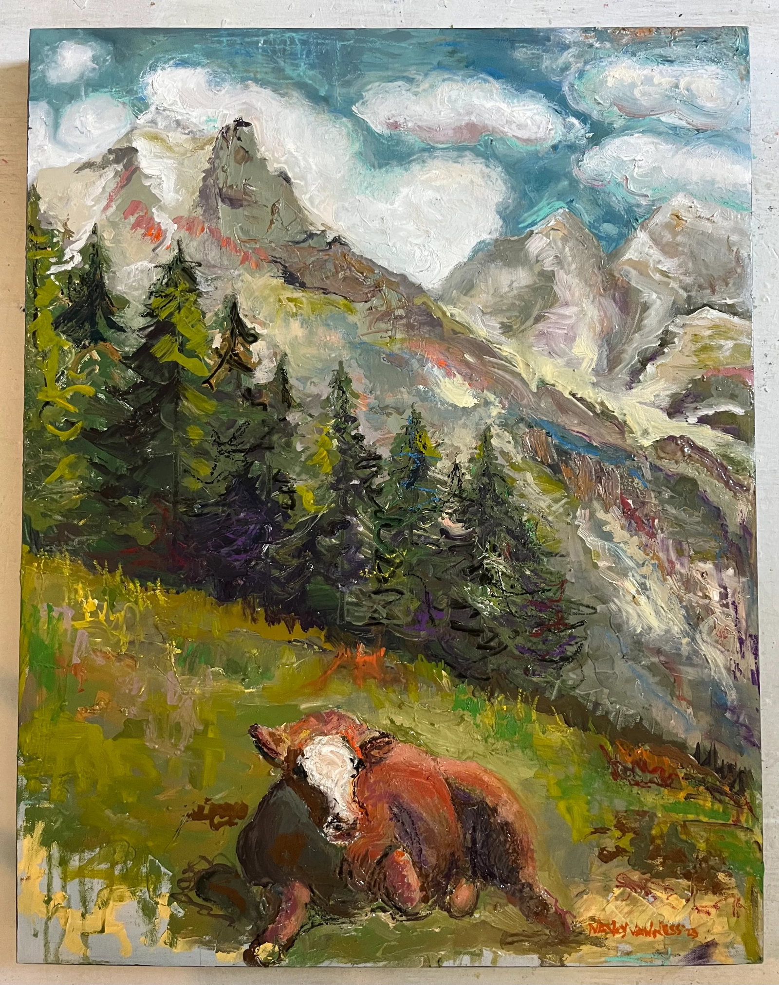 Cow in the Swiss Alps, Oil Paintings, by Van Ness - 9