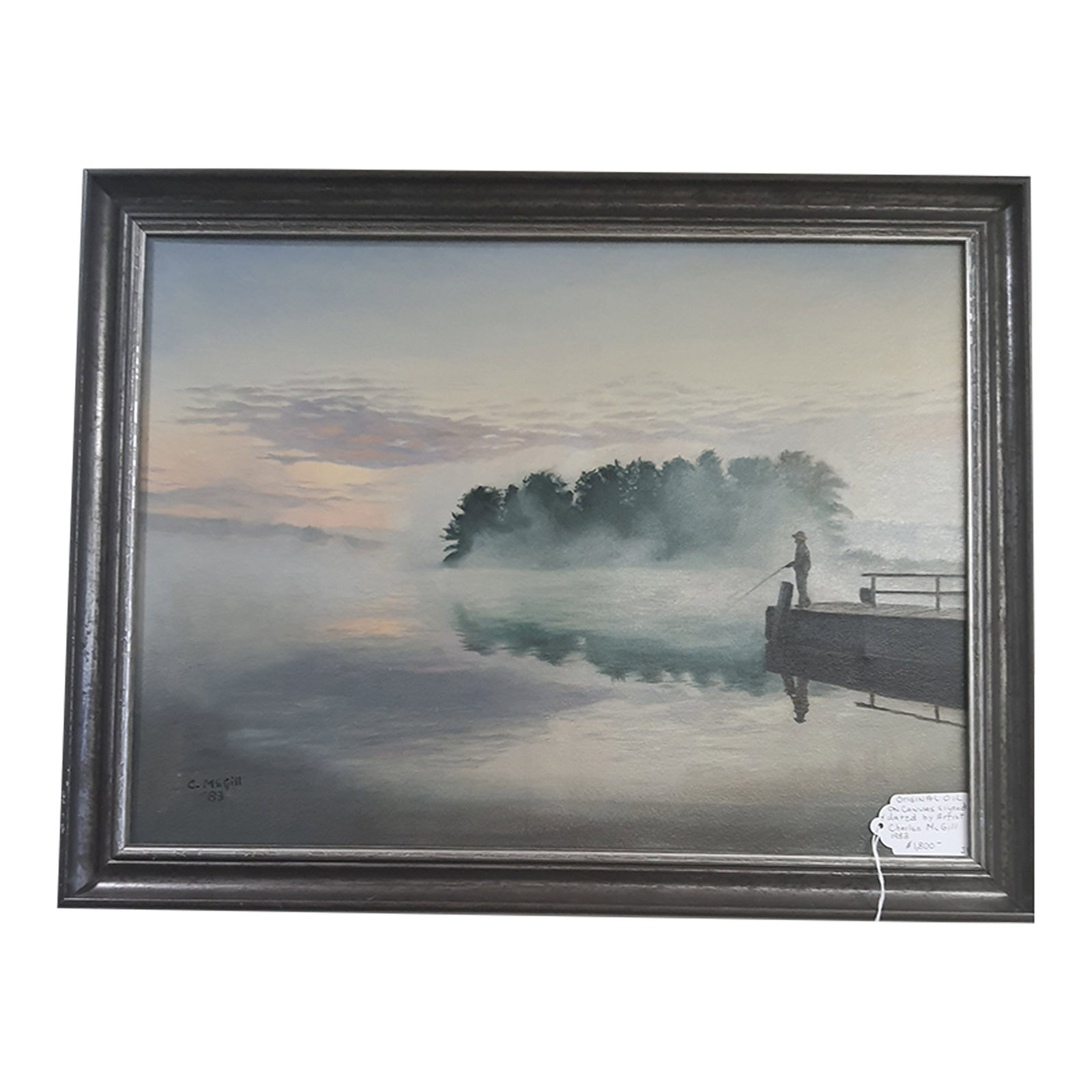 Original Charles McGill Oil on Canvas Signed and Dated 1883: 21.5" * 27" Amazing vintage Oil on Canvas framed painting of a beautiful foggy morning fishing scene. The artist Charles McGill, is highly talented and collected artist. This would be a great piece