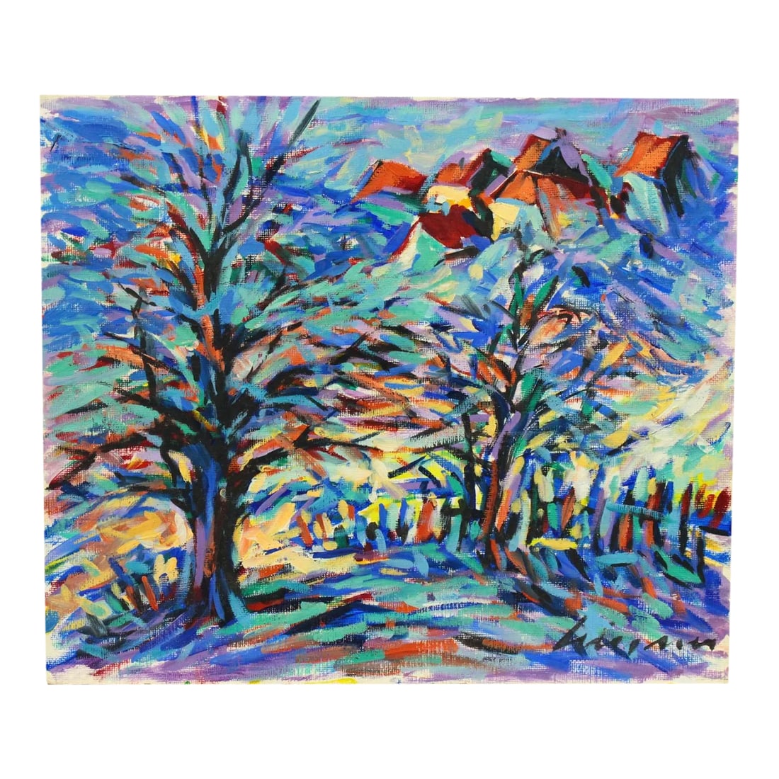 Vintage American School Expressionist Oil on Board Landscape Painting in Blue, Signed: A stunning expressionist oil on board landscape It is a country view rendered masterly with vigorous brushstrokes and bold colors; black and blue trees and a path going toward the golden yellow