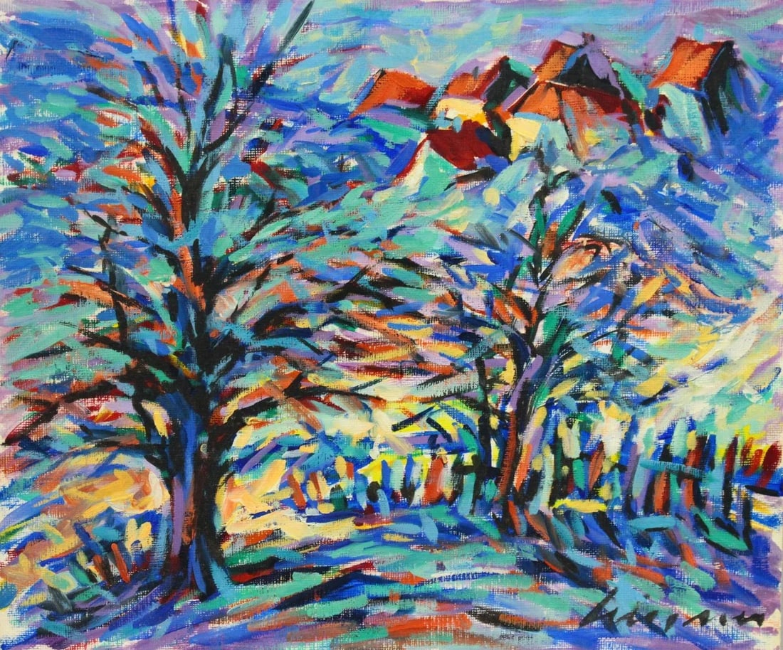 Vintage American School Expressionist Oil on Board Landscape Painting in Blue, Signed - 2