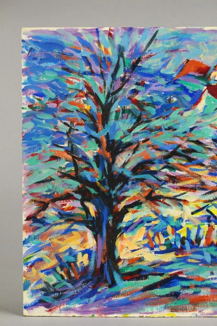 Vintage American School Expressionist Oil on Board Landscape Painting in Blue, Signed - 3