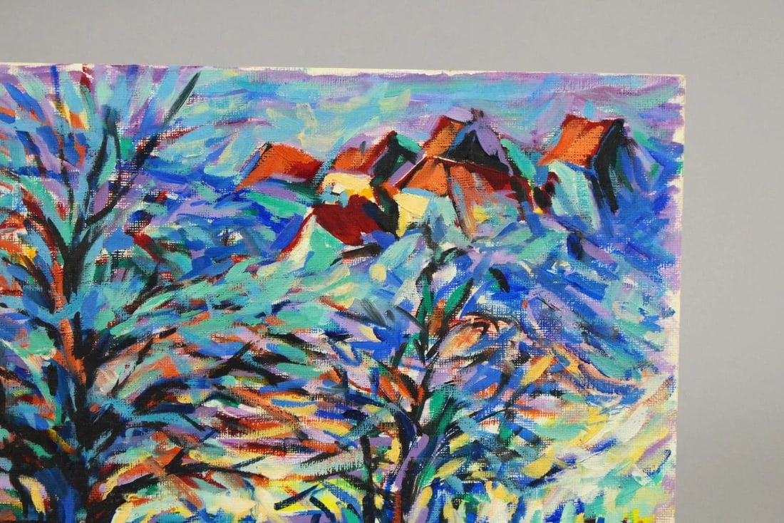 Vintage American School Expressionist Oil on Board Landscape Painting in Blue, Signed - 4