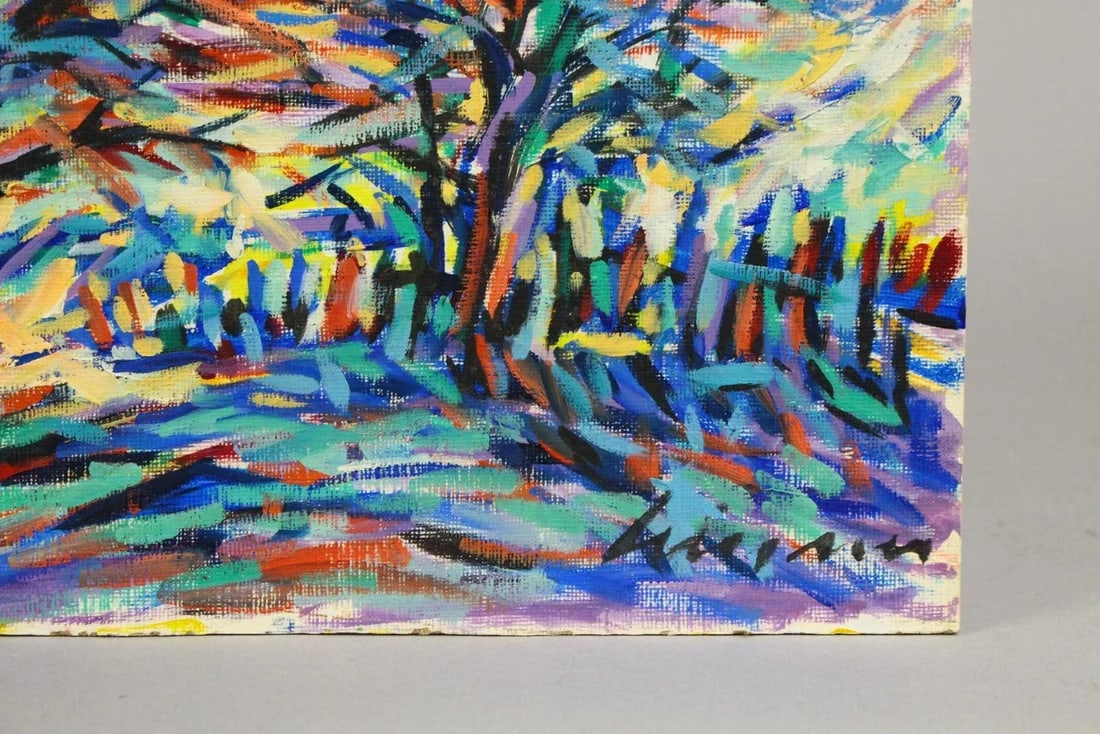 Vintage American School Expressionist Oil on Board Landscape Painting in Blue, Signed - 5