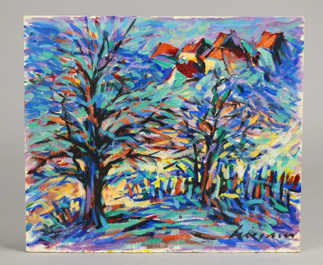 Vintage American School Expressionist Oil on Board Landscape Painting in Blue, Signed - 9